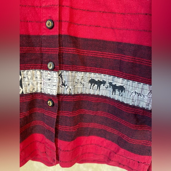 VTG 90s Chicos Design Red Black Striped Cotton Button Front Casual Long Shirt - Picture 3 of 6